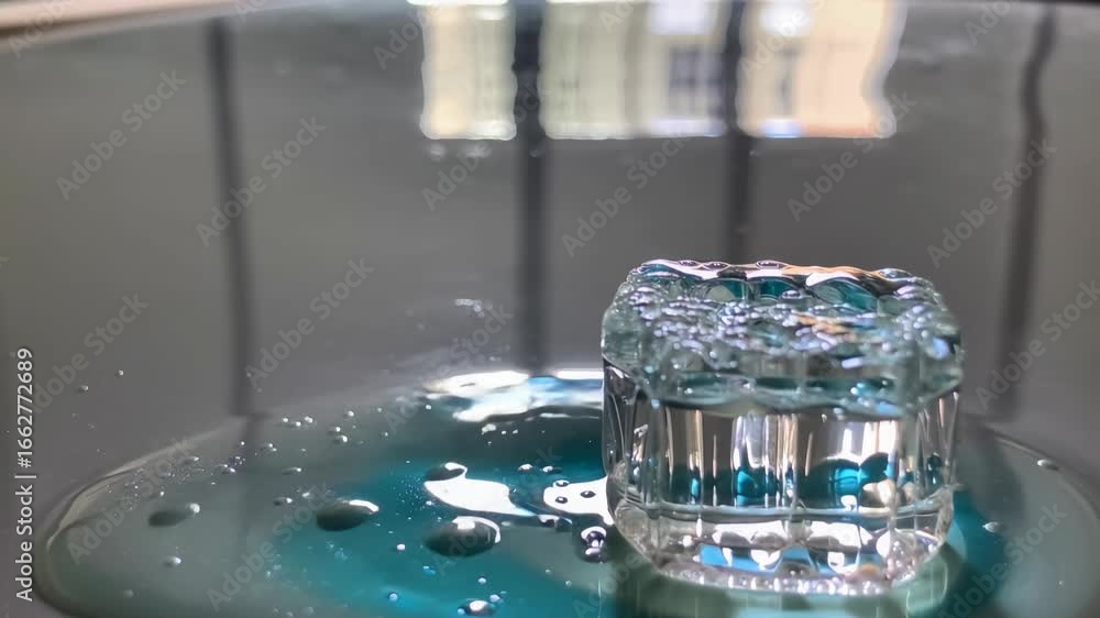 Poster Close-up of a clear ice cube melting in blue liquid on a smooth reflective surface with soft lighting