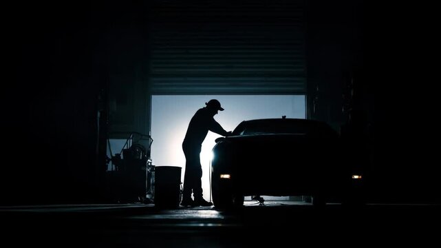 Silhouetted mechanic leans over a car in a dimly lit garage, backlit by an open roller door