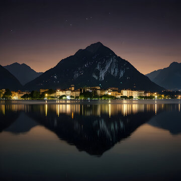 Reflection of the lights and the mountain in a lake captured in Parco cyanic Lugano