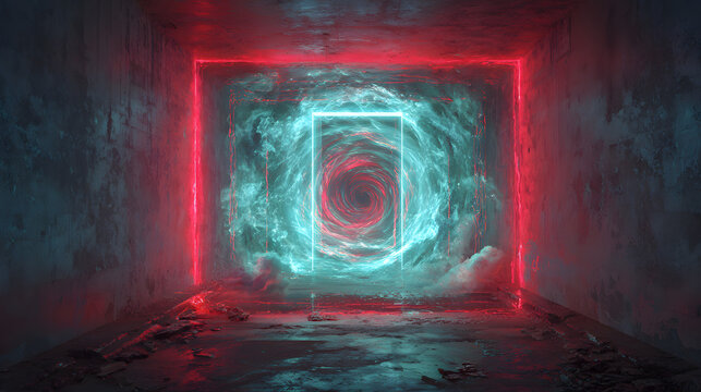 Spiral vortex neon doorway in red and cyan glow with swirling holographic energy in a futuristic scifi alley - Powered by Adobe
