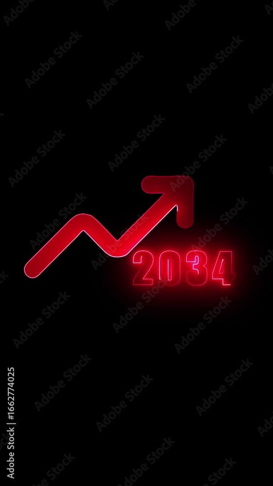 Poster neon red arrow graph showing upward trend with year 2034 on black background vertical orientation im