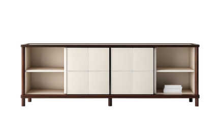 A modern wooden sideboard featuring storage shelves and cabinet doors, ideal for home interior decoration and efficient space utilization.