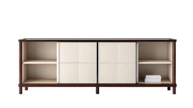 A modern wooden sideboard featuring storage shelves and cabinet doors, ideal for home interior decoration and efficient space utilization.