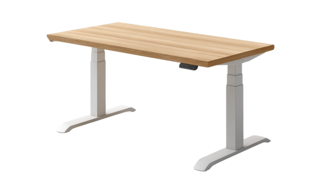 An adjustable height office desk with a wooden top, designed for ergonomic and convenient workspace setup.