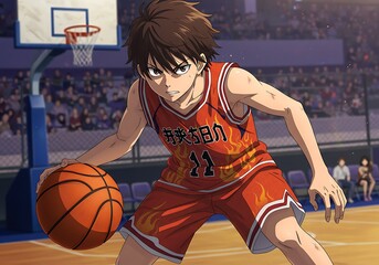 A young man in a red basketball jersey dribbling a ball.