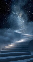 Whimsical stairway ascending into a starry night sky, bathed in ethereal light