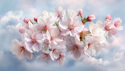 Delicate pink cherry blossoms float against a soft sky of clouds
