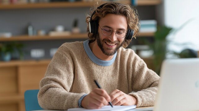 Young, happiness smiling adult student using headphones while taking notes on a laptop at home and participating in an online virtual education class meeting and e-learning webinar.
