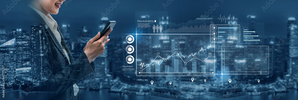 Poster high-tech data visualization dashboard for analytics and performance tracking, including data visual