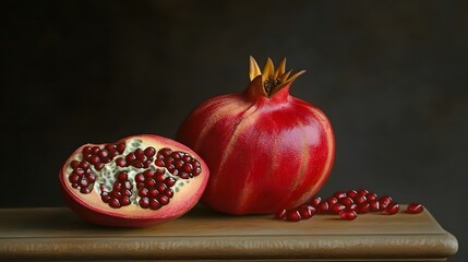 Still Life Photography Pomegranate Fruit Juicy Red Seeds Wooden Table