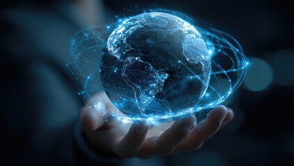 Holographic Earth held in a hand, digital network radiating outwards