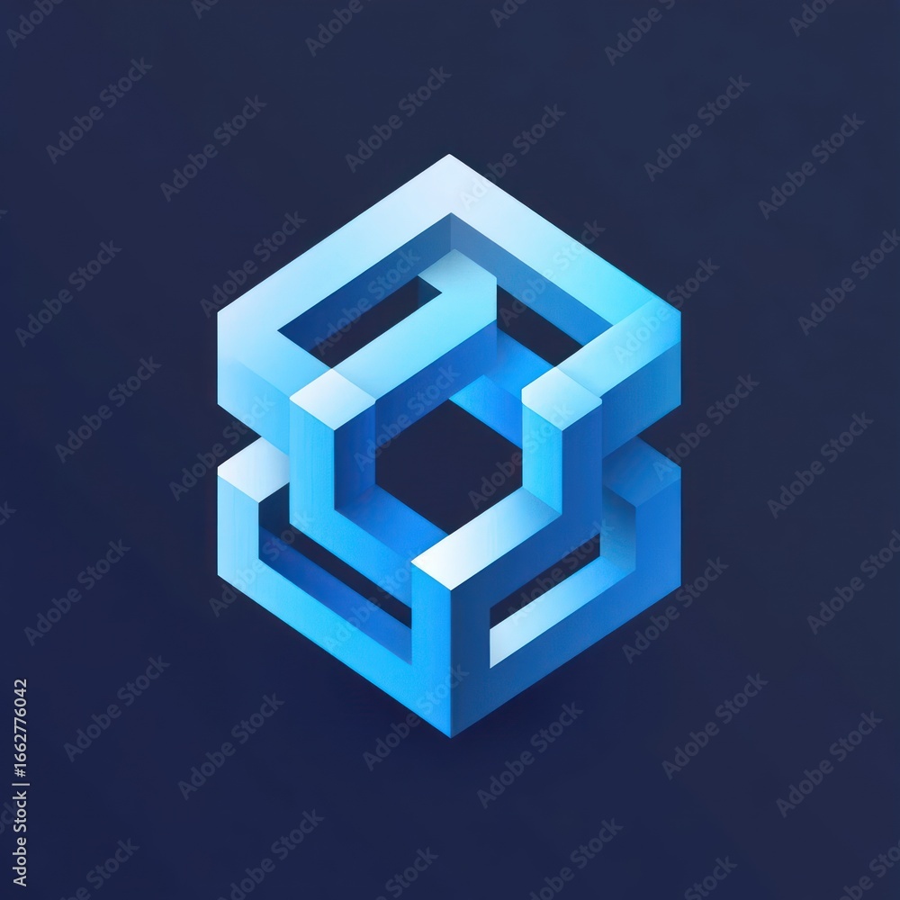 Poster three-dimensional impossible geometric shape made of interlocking blue rectangular beams on dark bac