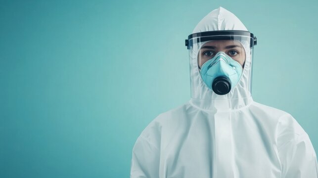 Medical Professional in Protective Gear Facing Camera on Blue Background