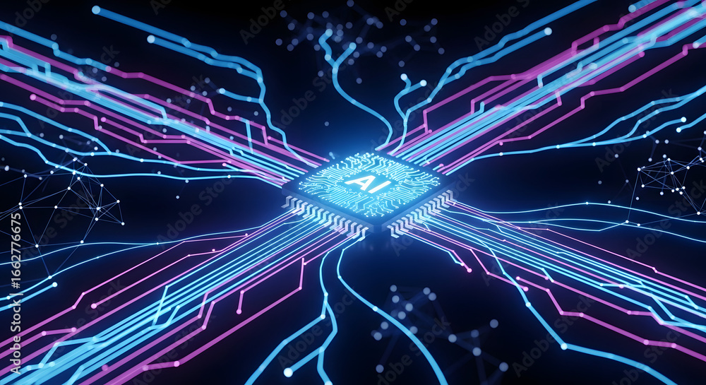 Poster the image depicts a glowing, central ai processor connected by a network of illuminated circuits, co
