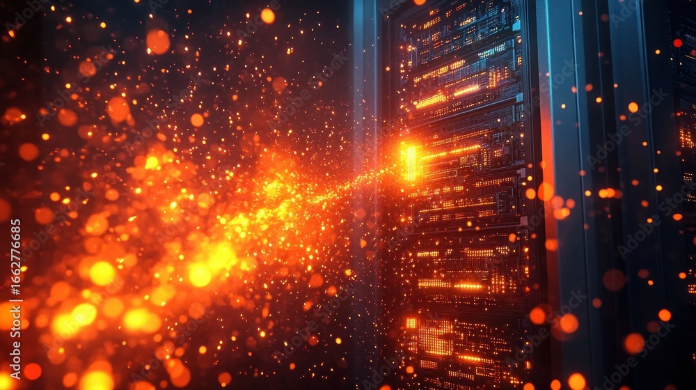 Poster bright orange and yellow glowing particles streaming toward high-tech server racks in a dark room, c