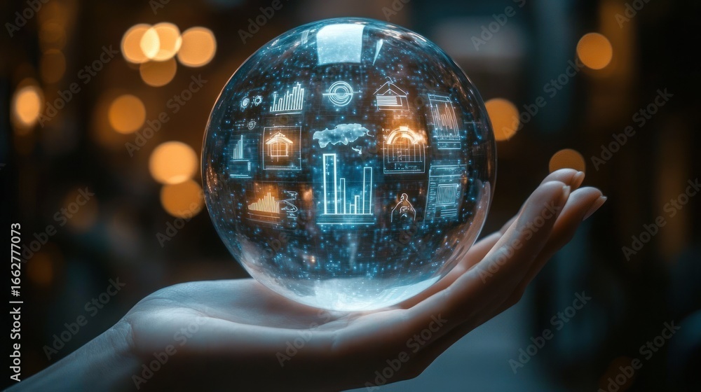 Poster hand holding a glowing transparent sphere displaying futuristic holographic data charts and icons in