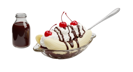 Banana split with ice cream, whipped cream, chocolate sauce, and cherries isolated on transparent background