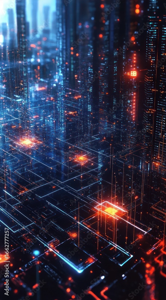Poster futuristic digital cityscape with glowing blue and orange lights representing a high-tech network or
