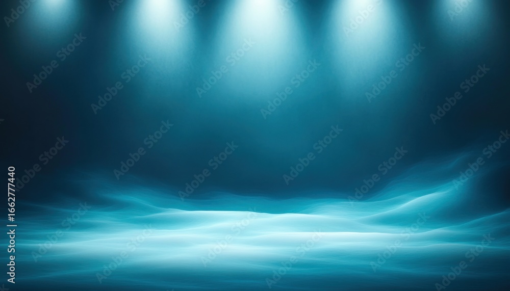 Poster blue abstract glowing light waves under three overhead spotlights creating a serene and futuristic a
