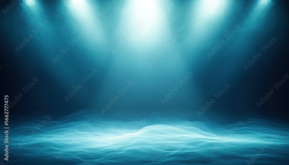 Poster abstract underwater scene with waves illuminated by multiple bright spotlights creating a mystical a