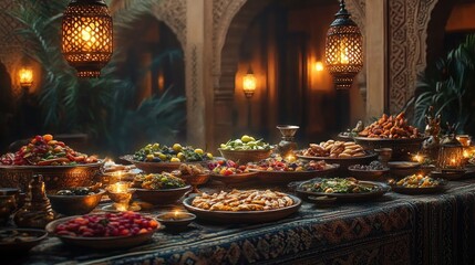 Lavish table spread with assorted colorful fruits, pastries, and dishes under warm hanging lanterns in an ornate, cozy setting filled with intricate patterns and lush greenery