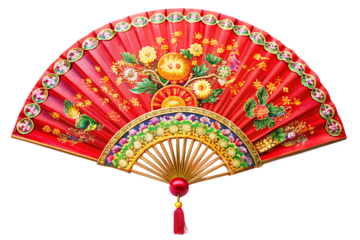 Vibrant Red Folding Fan with Detailed Floral and Bird Motifs red fan flowers isolated on a transparent background