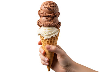 Hand holding a double scoop ice cream cone with chocolate and vanilla flavors isolated on a transparent background