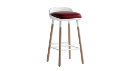 A modern bar stool featuring a white frame, red seat, and wooden legs, suitable for interior decoration in various spaces.