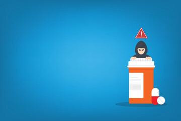 Fake medicine. Pill and tablet with criminal selling illegal drugs. Fake drugs, pharmaceutical. Symbolic for harmful counterfeit pills, risk and danger of illegal produced and sold pharmaceuticals.