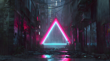 Triangular neon doorway with glowing magenta and cyan edges surrounded by glitch particles in a futuristic urban alley