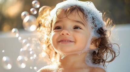 Smiling toddler with curly hair covered in soap bubbles and foam enjoying bath time with bright, joyful expression and warm lighting