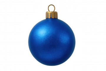 Shiny blue glass bauble dangling, reflecting light against clean white space, ideal for seasonal graphic projects