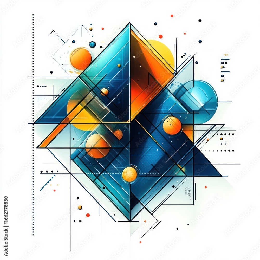 Aufkleber abstract geometric composition with overlapping translucent shapes, spheres, and lines in vibrant bl