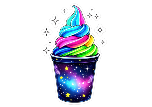 Vibrant rainbow soft serve ice cream in a galaxythemed cup with sparkling stars, isolated on transparent background