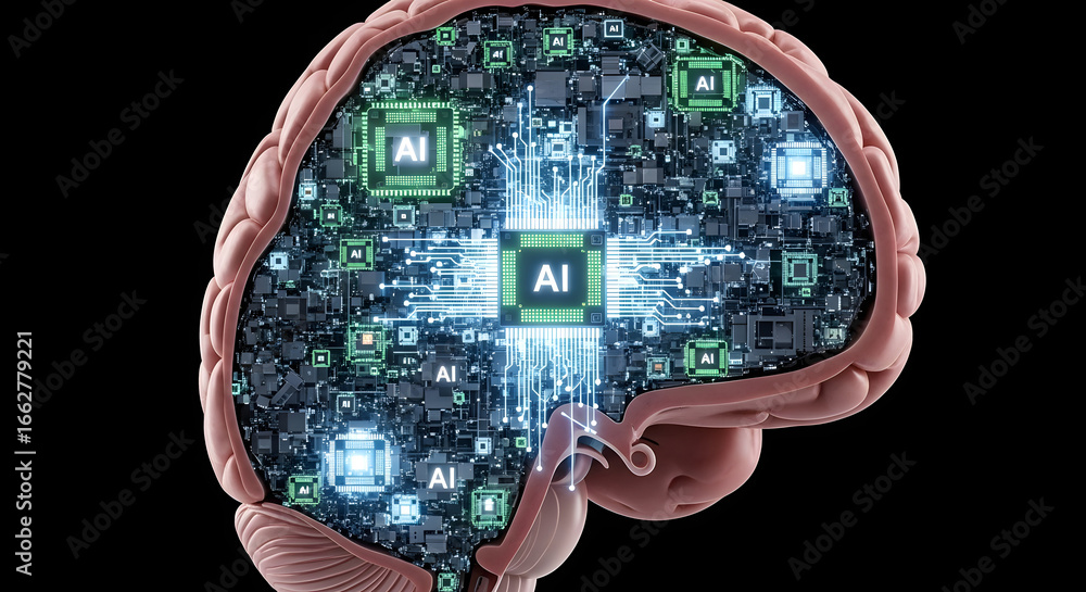 Poster conceptualization showcasing a human brain integrated with artificial intelligence components illust