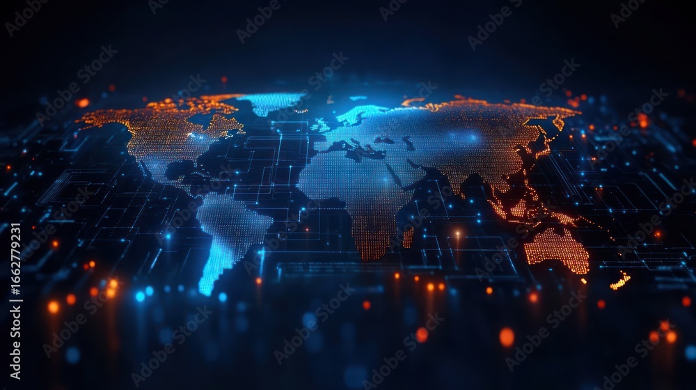 Poster digital world map with illuminated continents in blue and orange glowing circuits representing globa
