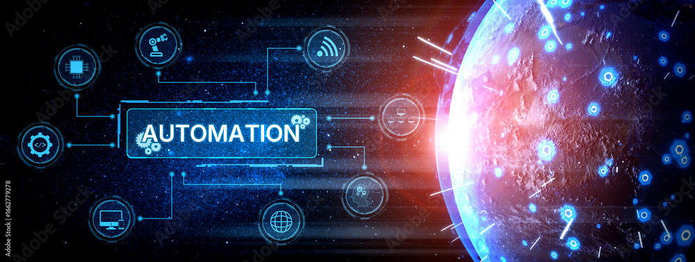 Poster modern automation drives workflow efficiency by connecting systems, people, and data. with intellige