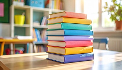 Fototapeta premium Neatly stacked colorful books on wooden table in bright classroom with green chalkboard shelves filled with books and desks illuminated by natural light