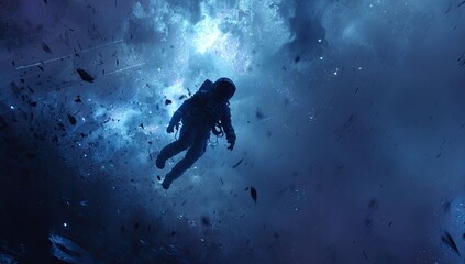 Astronaut adrift in a swirling nebula of cosmic debris
