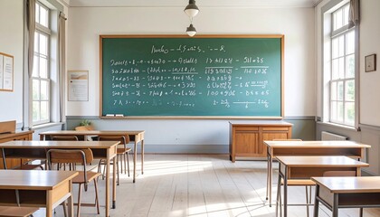 Classroom with wooden desks and chairs facing green chalkboard filled with integral calculus formulas and trigonometric identities illuminated by natural light from large windows
