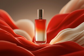 3D Rendered Cosmetic Bottles on a Red Background