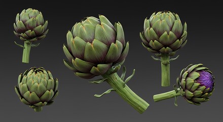 Fototapeta premium Vibrant Green Artichokes with Purple Hues on Dark Gradient Background