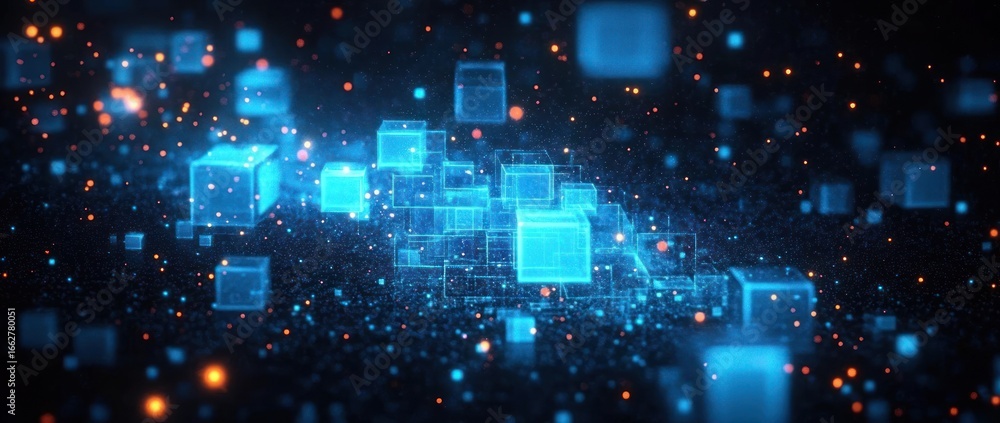 Poster glowing translucent blue cubes floating in a dark space surrounded by small bright orange and blue p