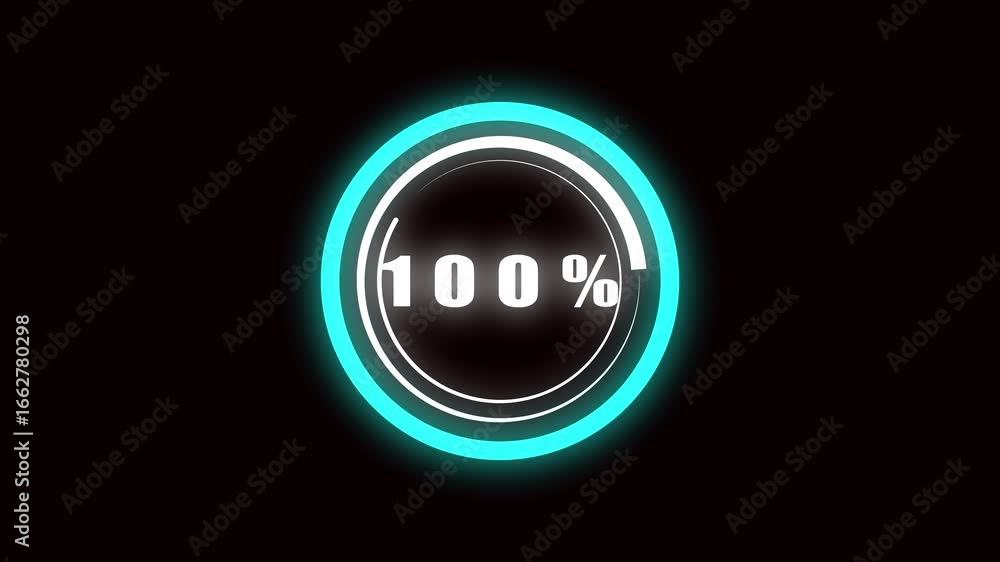 Poster neon cyan 100 percent complete loading circle animation hud overlay motion graphics digital design. 
