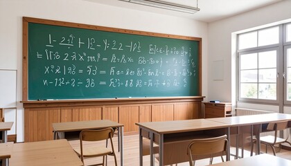 Classroom with wooden desks and chairs facing green chalkboard filled with integral calculus formulas and trigonometric identities illuminated by natural light from large windows
