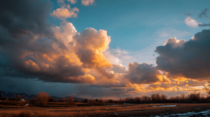 Obraz premium Winter clouds glowing at sunset during golden hour with warm light and serene atmospheric sky scene