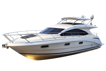 White luxury yacht with tinted windows and chrome accents on transparent background isolated on a transparent background