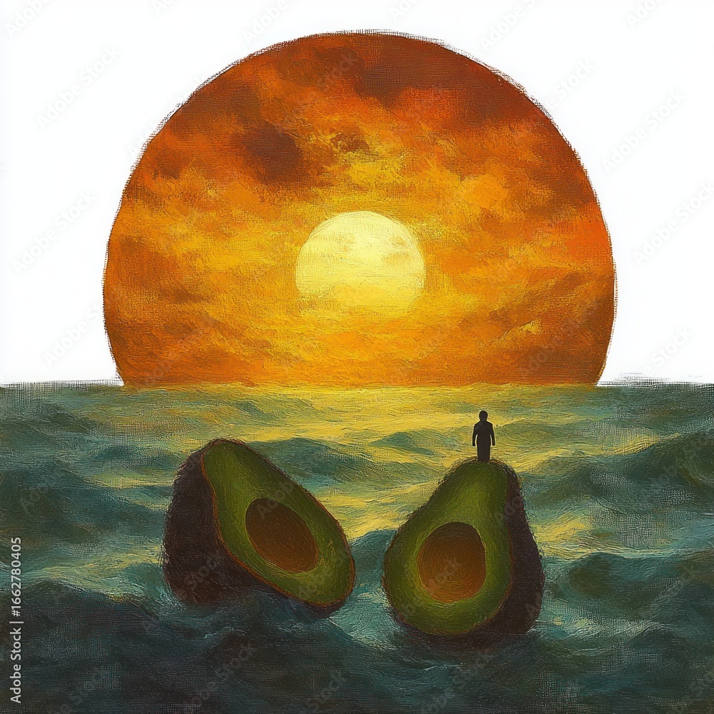 Poster surreal scene of a person standing on an avocado half floating on water with a large textured orange