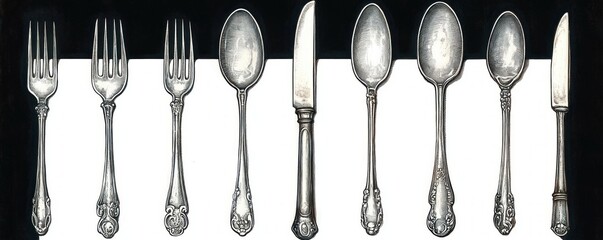 Arranged collection of vintage silver forks, knives, and spoons against a white background with black border, showcasing ornate and varied handle designs