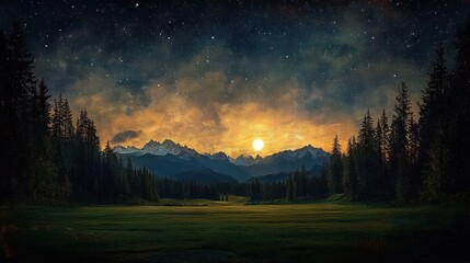 Serene twilight landscape with glowing setting sun over distant mountains, silhouetted tall pine trees, open grassy field, and starry night sky